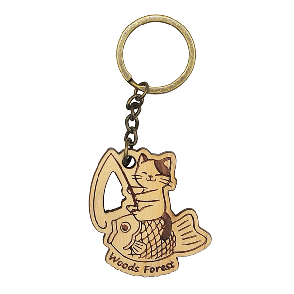 原木鑰匙圈-Q釣魚貓 1