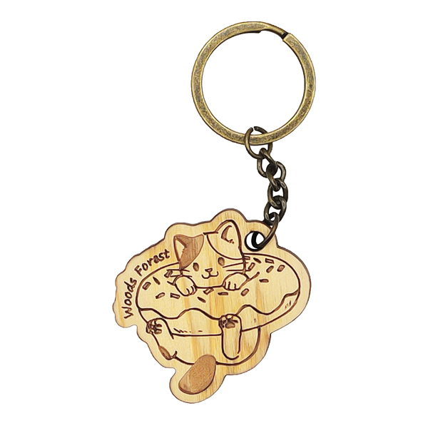 原木鑰匙圈-Q甜甜圈貓